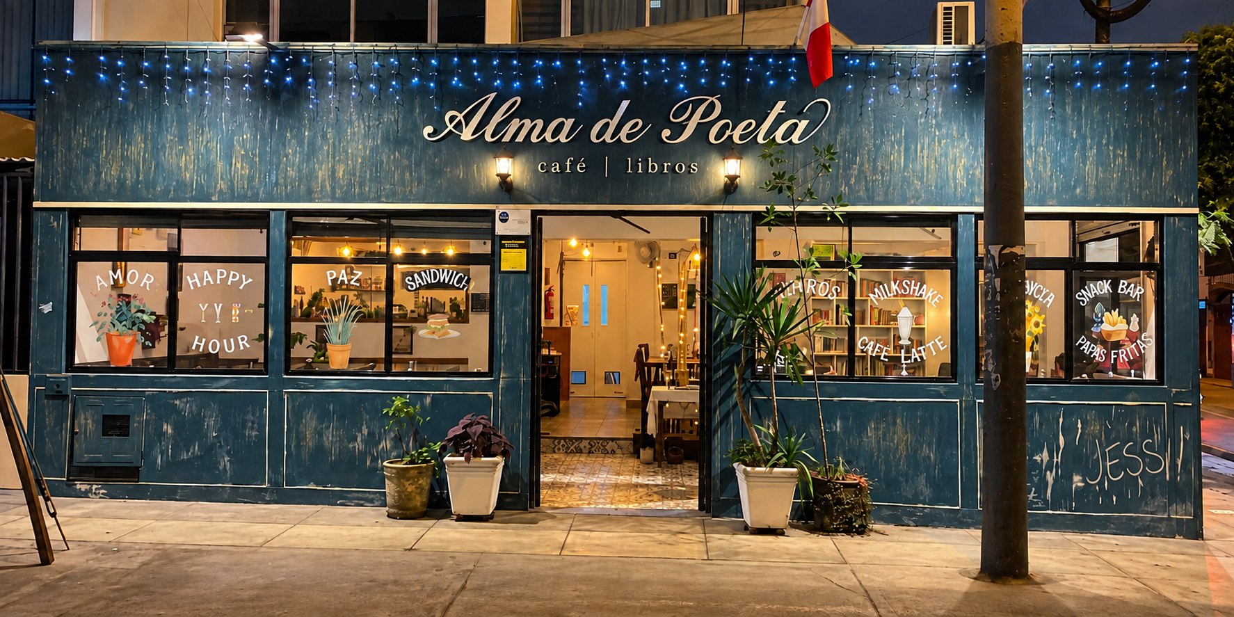 Fachada de Alma de Poeta café y libros de noche